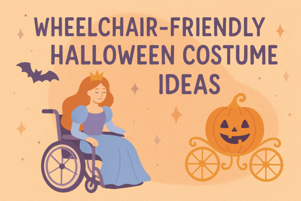 Illustration of a young woman in a wheelchair dressed as a princess, with a pumpkin carriage and Halloween decorations, alongside the blog title “Wheelchair-Friendly Halloween Costume Ideas.”