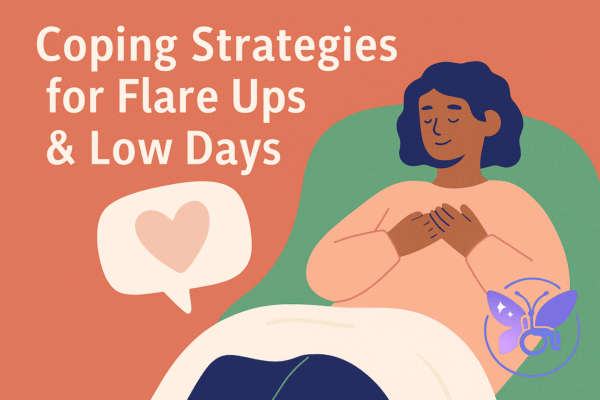 "Coping Strategies for Flare Ups & Low Days" with large, easy-to-read text on a warm coral background; to the right a calm person sits in a green beanbag with hands over their heart and a speech bubble containing a pink heart; supporting subtitle "Immediate tools & planning strategies" and a "READ MORE" button are visible; small Butterfly Dreams on Wheels logo (purple butterfly with wheelchair motif) is placed unobtrusively in the corner.