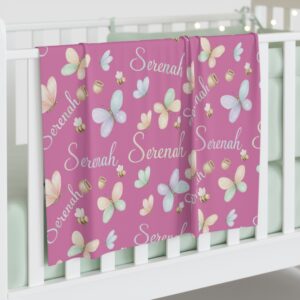 Personalized Baby Blanket – Pastel Butterflies, Honeypots & Script Pattern