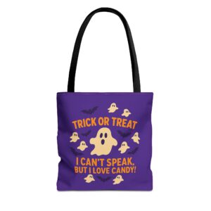Trick Or Treat Reusable Tote Bag  Nonverbal-Friendly Halloween Tote Purple Ghosts I Cant Speak, But I Love Candy