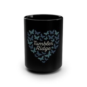 Tumbler Ridge Butterfly Heart 15oz Black Mug — 100 percent of the profits will be donated