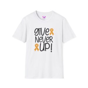 Gold Childhood Cancer Awareness Never Give up Adult  Shirt Awareness Ribbon Tee for Leukemia Support, Perseverance, Mental Health Awareness