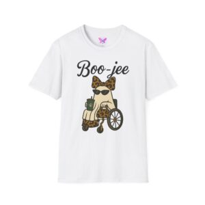 Halloween Ghost Leopard Unisex Softstyle T-Shirt, Wheelchair Costume Tee, Adult Spooky Top, Funny Scary Shirt, Ghostly Leopard Print Outfit