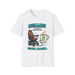 Recharge Mode Coffee Loading, Funny T-Shirt, Lazy Vibes Tee for Caffeine Lovers, Steaming mug, and Battery icon  Not Lazy Tee Recharging.