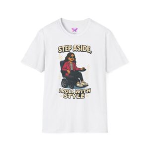 Personalized I Roll With Style Unisex Softstyle T-Shirt, Custom Disability Awareness Tee, Handicap Support Shirt, Inclusive Fashion Top,