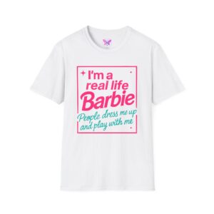 Real Life Barbie T-Shirt, Funny Pink and Teal Barbie Tee with Butterfly Logo, Women Casual Graphic Top