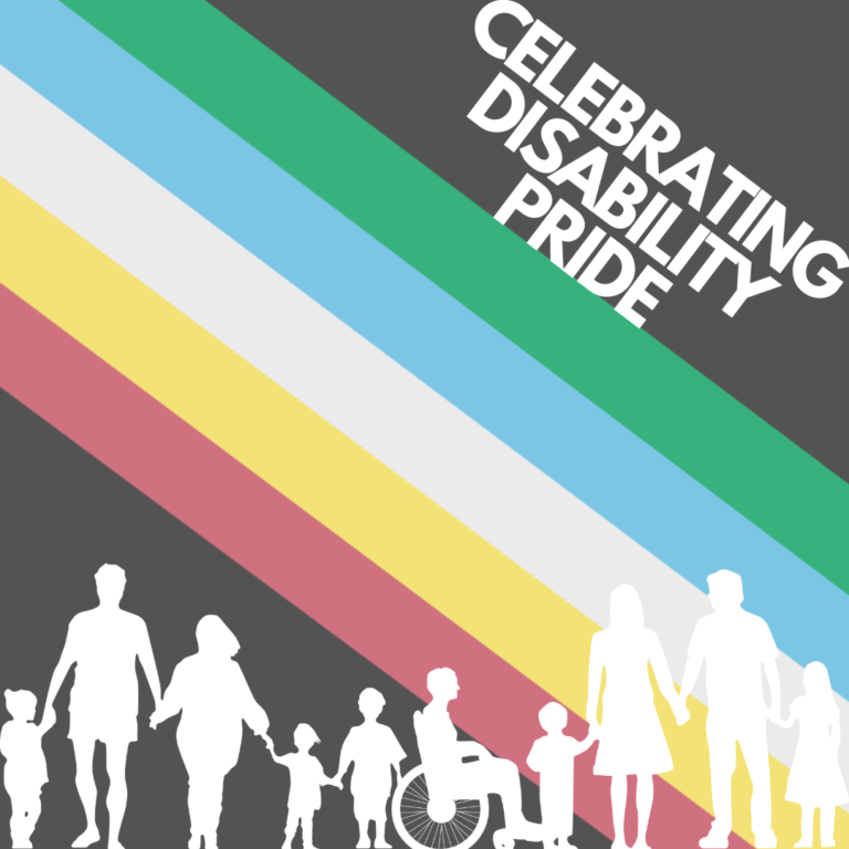 elebrating Disability Pride banner with diagonal disability pride flag colors and diverse silhouettes including a person in a wheelchair.