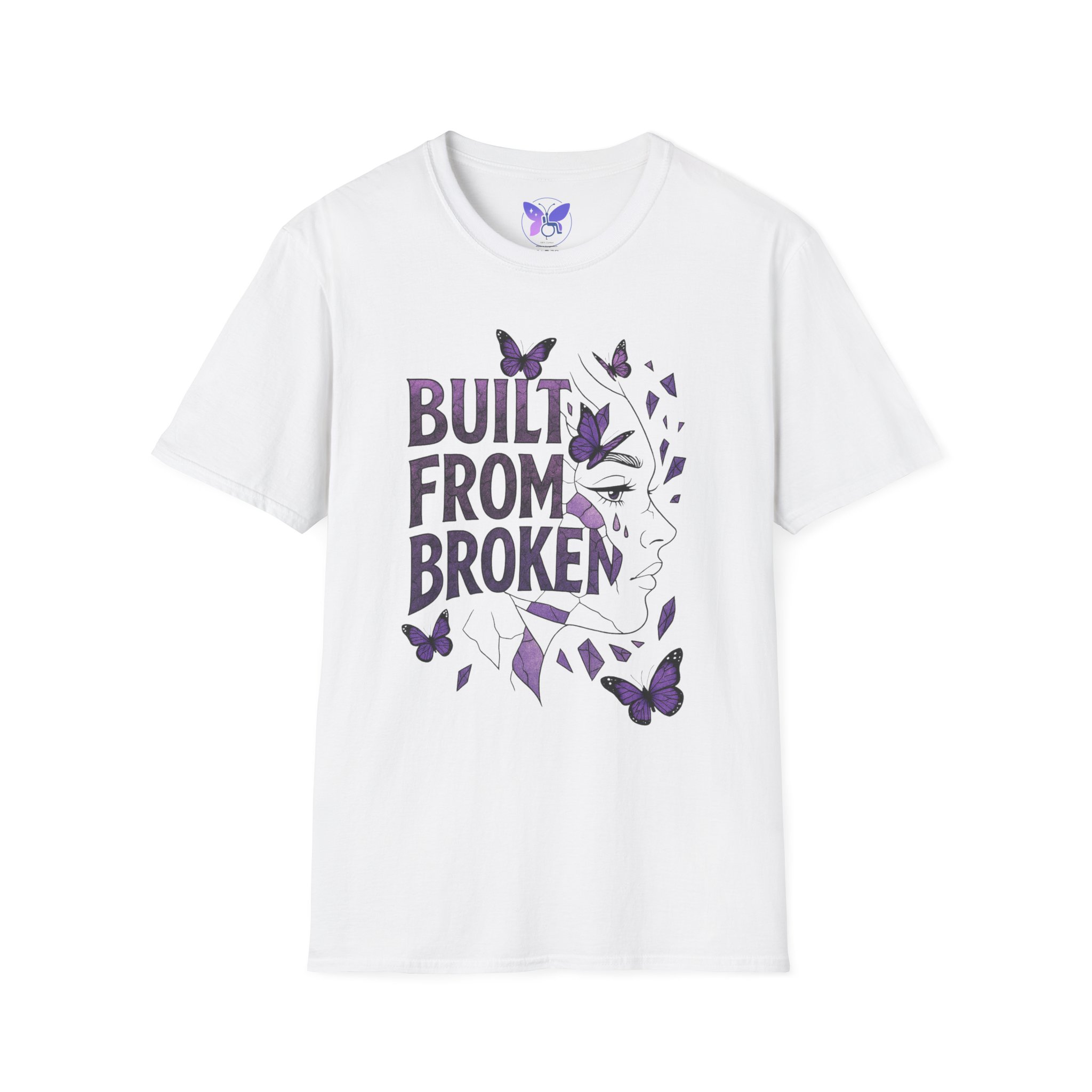 Built From Broken T-Shirt Purple Butterfly Face Graphic Tee Mental Health Awareness Recovery
