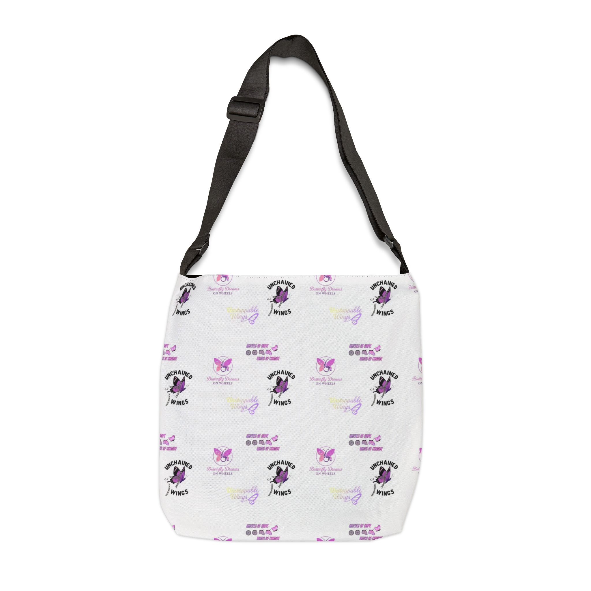 Butterfly Dreams on Wheels AOP Strap Adjustable Unchained Laptop Bag, Awareness Bag, Positive Quote Laptop Tote Bag