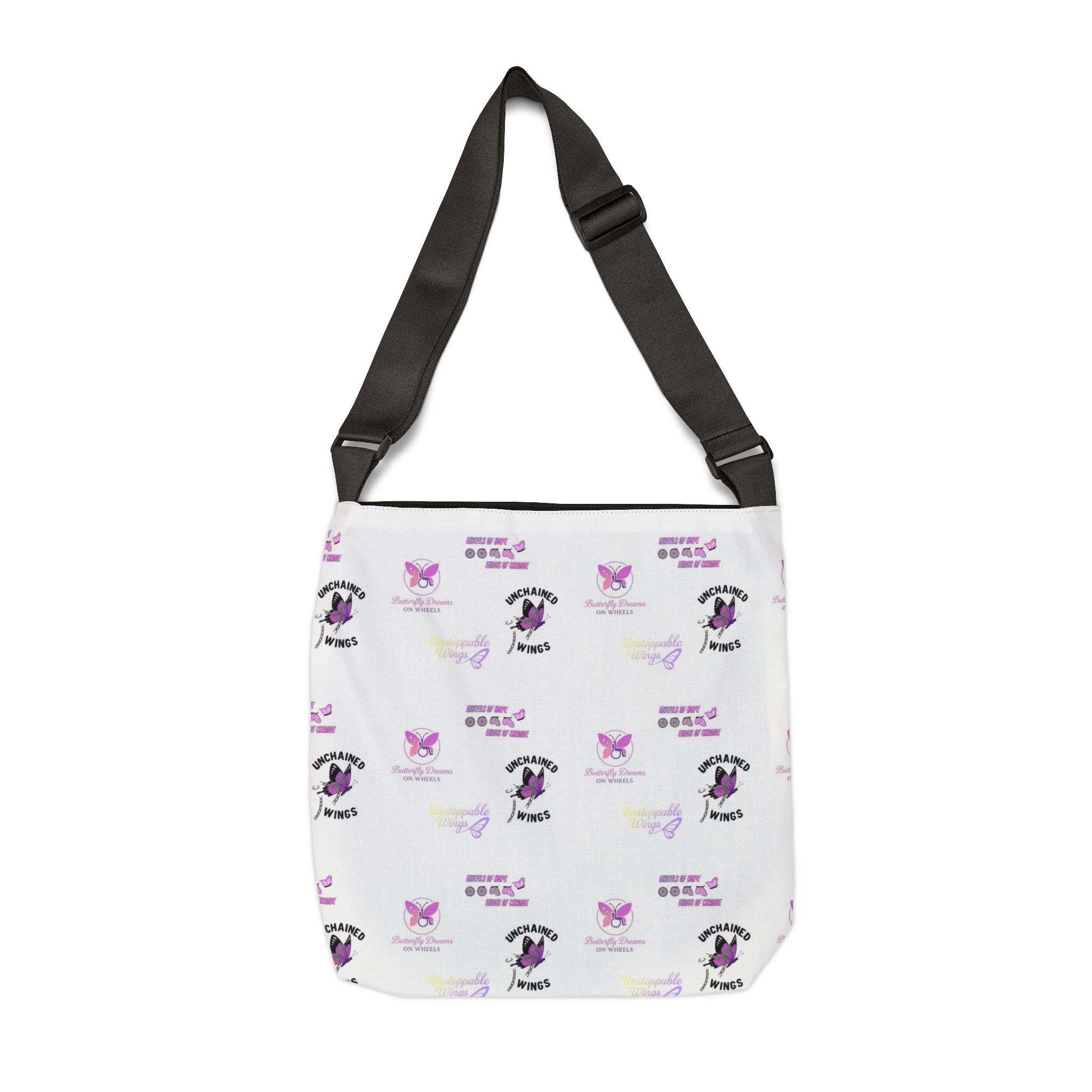 Butterfly Dreams on Wheels AOP Strap Adjustable Unchained Laptop Bag, Awareness Bag, Positive Quote Laptop Tote Bag - Image 6