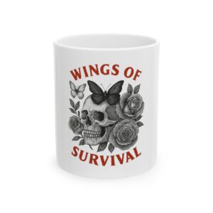 Wings of Survival Skull Mug - Gothic Skull Roses Butterfly Ceramic Coffee Mug - 15oz Gift for Her/He