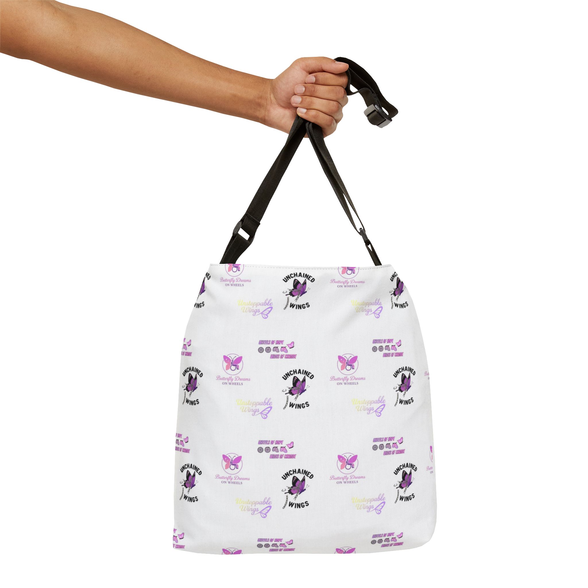 Butterfly Dreams on Wheels AOP Strap Adjustable Unchained Laptop Bag, Awareness Bag, Positive Quote Laptop Tote Bag - Image 4