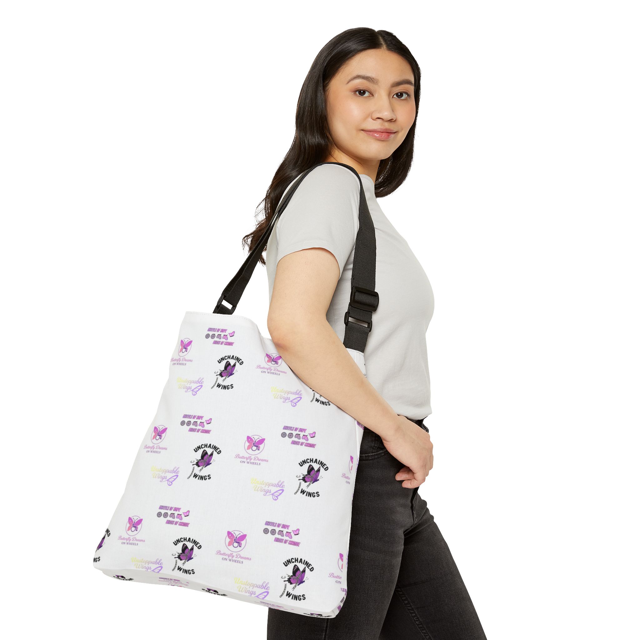 Butterfly Dreams on Wheels AOP Strap Adjustable Unchained Laptop Bag, Awareness Bag, Positive Quote Laptop Tote Bag - Image 8