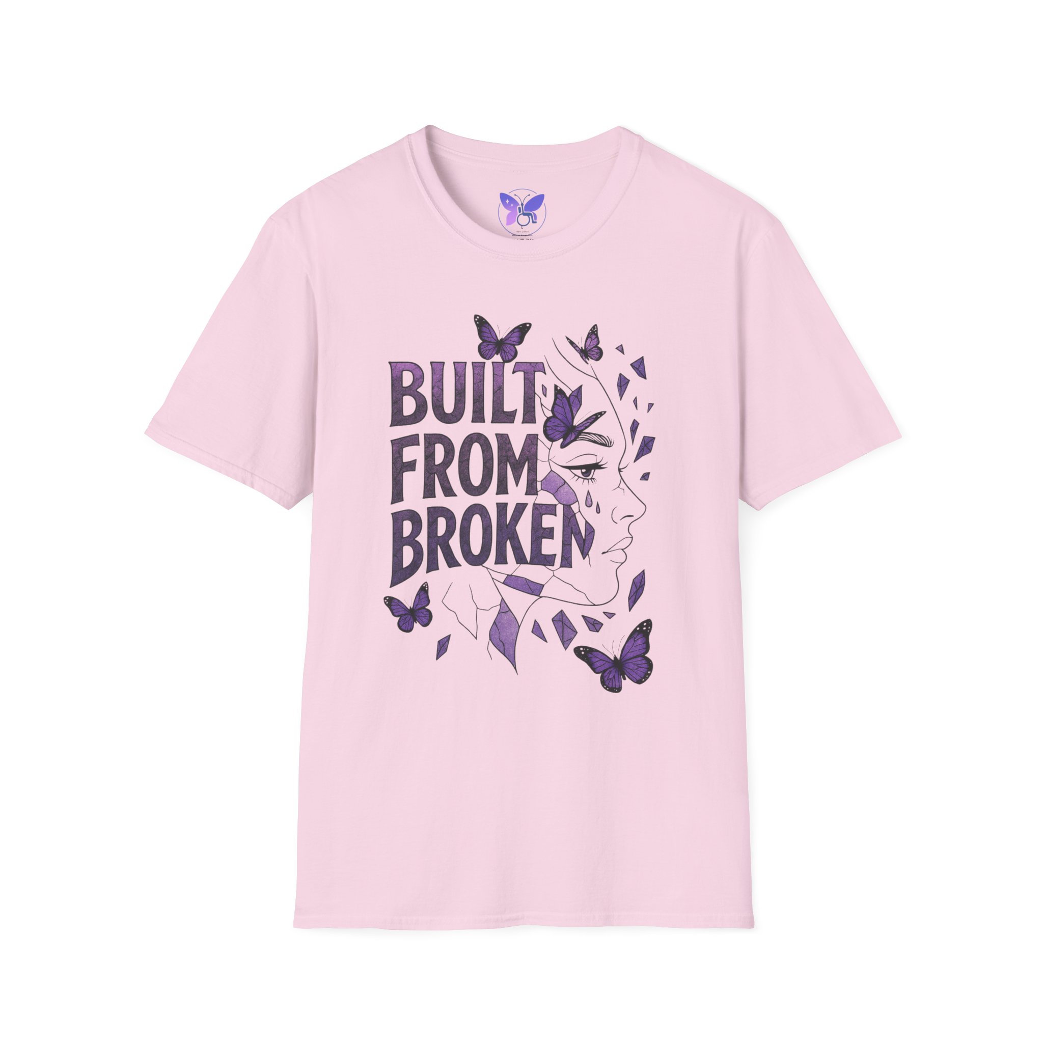 Built From Broken T-Shirt Purple Butterfly Face Graphic Tee Mental Health Awareness Recovery - Image 17