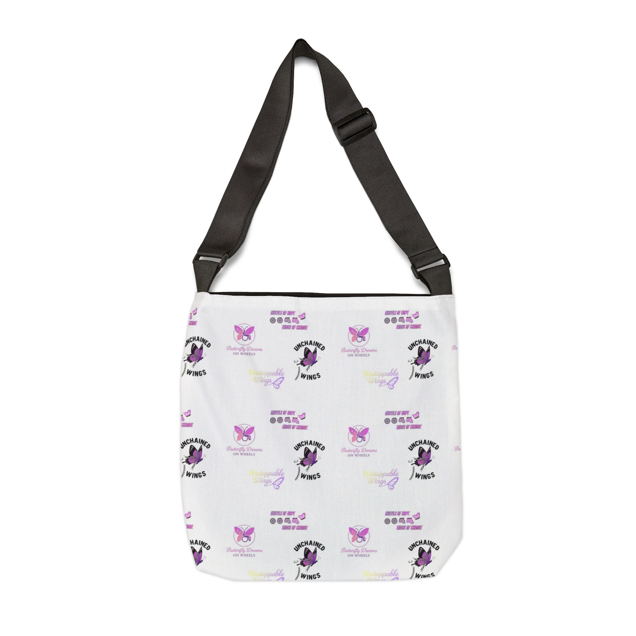 Butterfly Dreams on Wheels AOP Strap Adjustable Unchained Laptop Bag, Awareness Bag, Positive Quote Laptop Tote Bag - Image 2