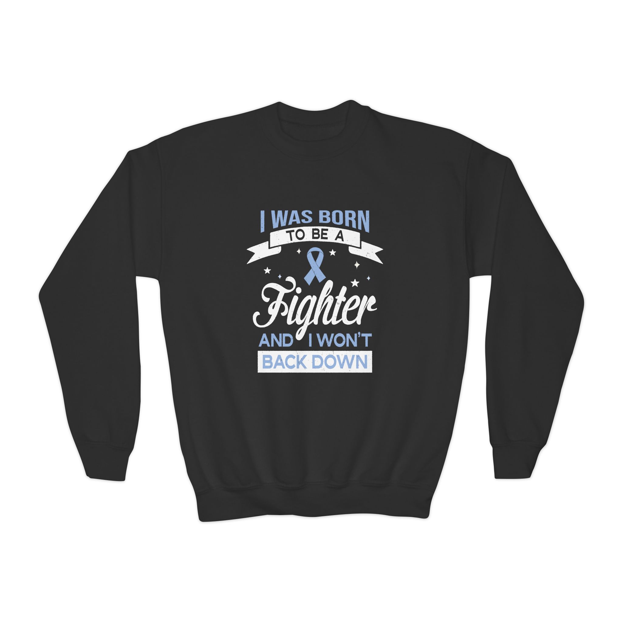 I Was Born to Be a Fighter Survivor Crewneck Pullover with blue Ribbon Empowerment Gift Acid Reflux and IBS Support Motivational Sweatshirt