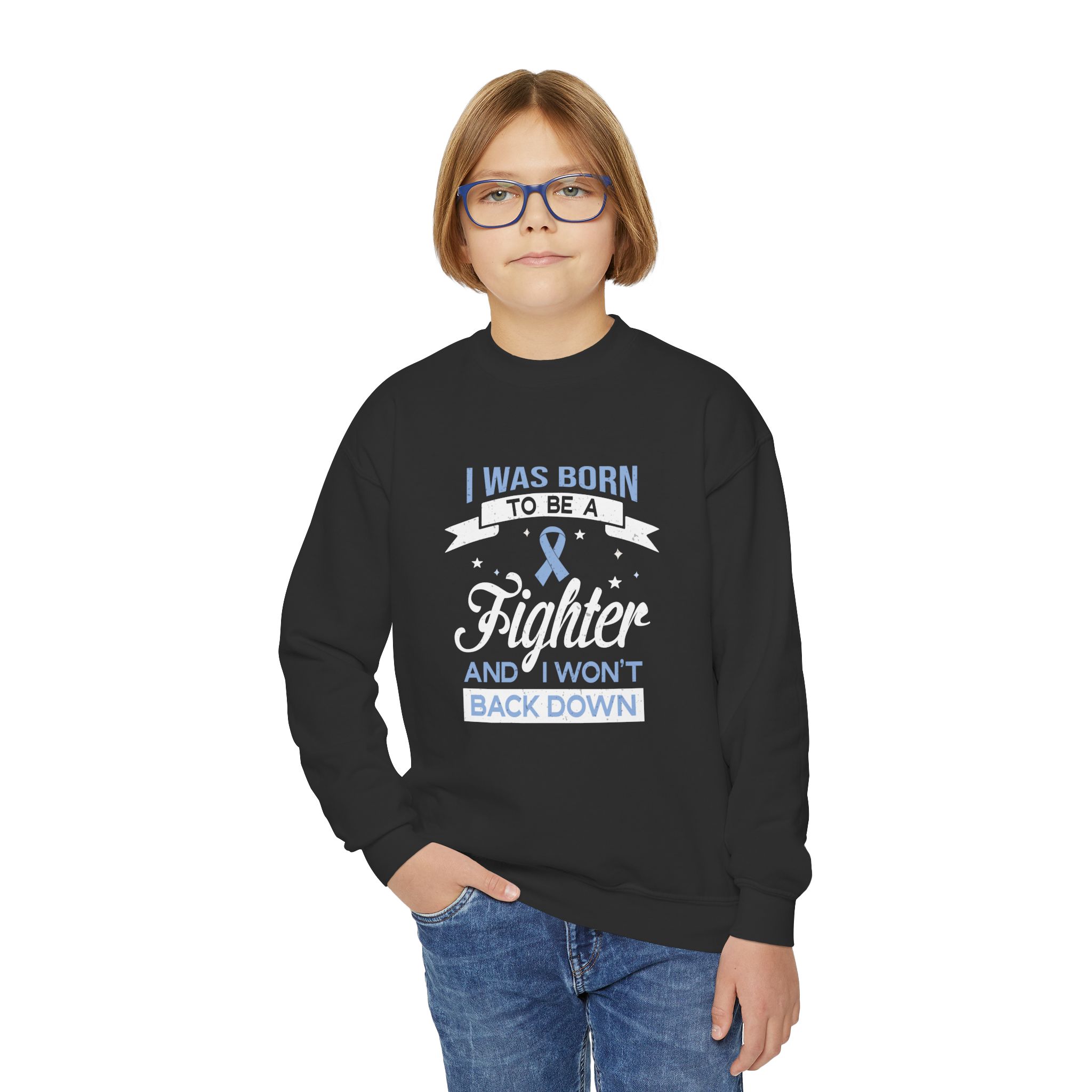 I Was Born to Be a Fighter Survivor Crewneck Pullover with blue Ribbon Empowerment Gift Acid Reflux and IBS Support Motivational Sweatshirt - Image 3