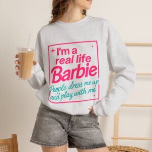 Real Life Barbie Crewneck Sweatshirt Pink Retro Script Playful Typography Cute Aesthetic Sweater