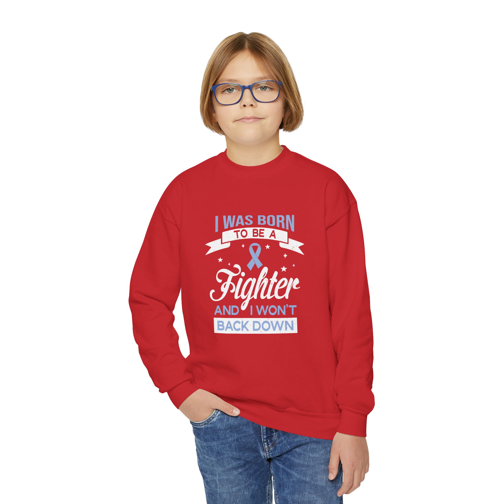 I Was Born to Be a Fighter Survivor Crewneck Pullover with blue Ribbon Empowerment Gift Acid Reflux and IBS Support Motivational Sweatshirt - Image 11