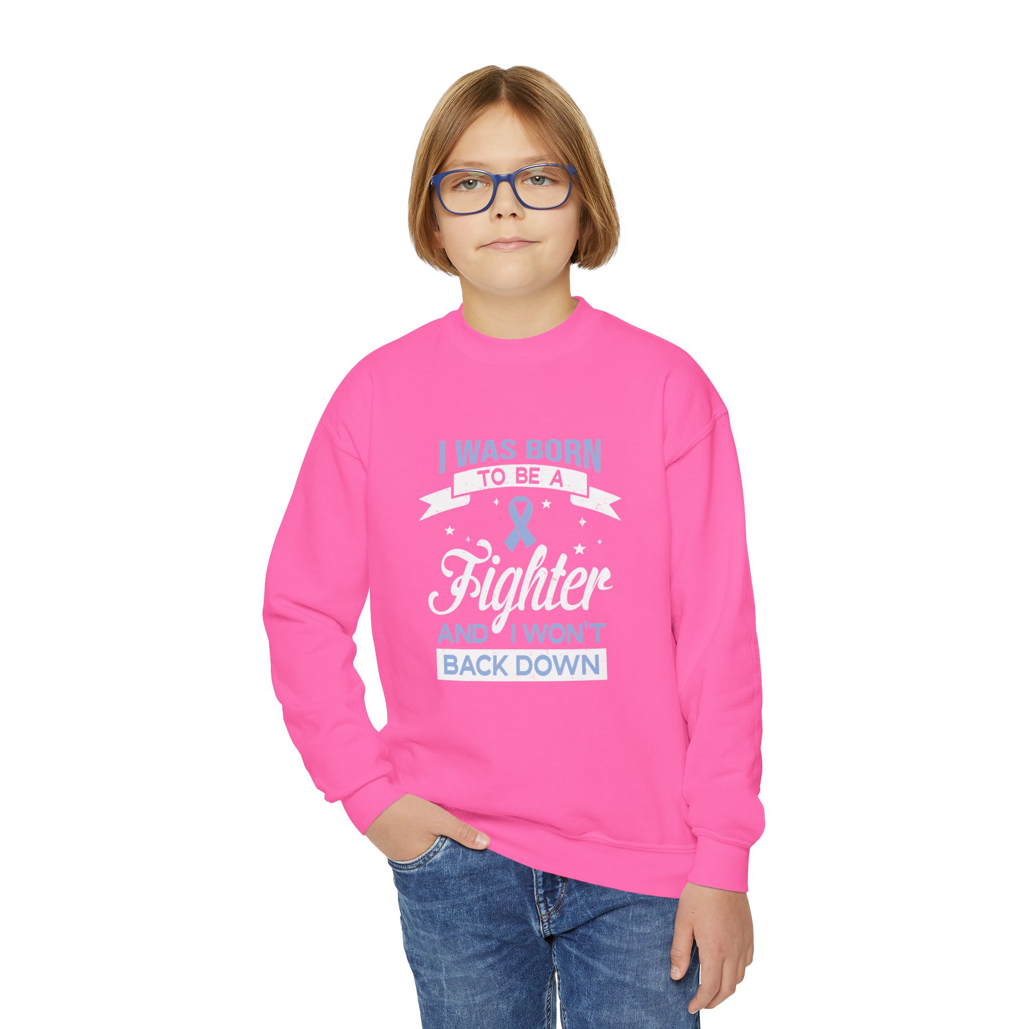 I Was Born to Be a Fighter Survivor Crewneck Pullover with blue Ribbon Empowerment Gift Acid Reflux and IBS Support Motivational Sweatshirt - Image 7
