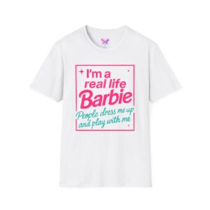 Real Life Barbie T-Shirt, Funny Pink and Teal Barbie Tee with Butterfly Logo, Women Casual Graphic Top