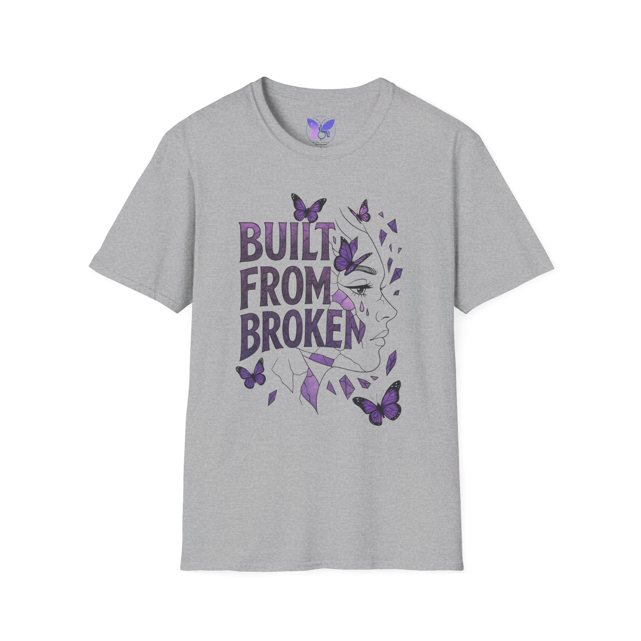 Built From Broken T-Shirt Purple Butterfly Face Graphic Tee Mental Health Awareness Recovery - Image 5