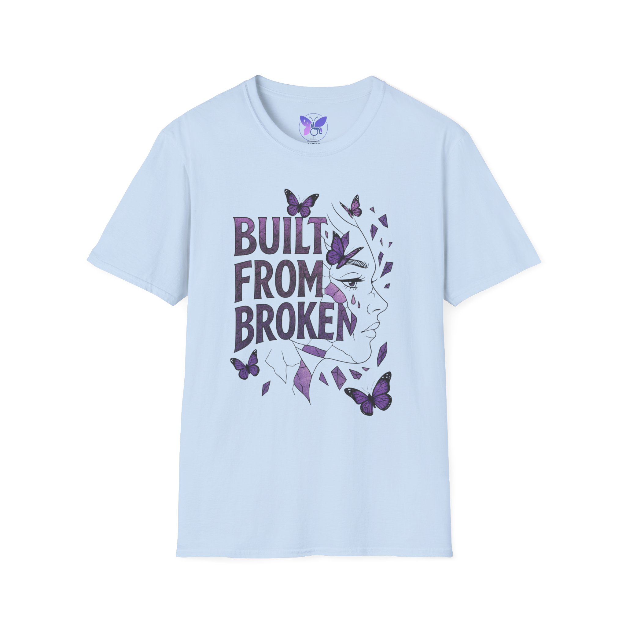 Built From Broken T-Shirt Purple Butterfly Face Graphic Tee Mental Health Awareness Recovery - Image 13