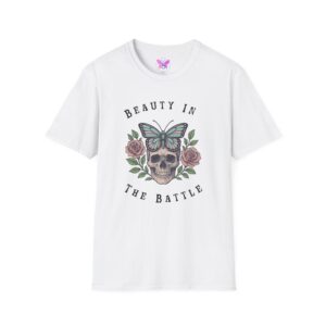 Beauty in the Battle Unisex T-Shirt, Gift for Her, Butterfly Skull Tee, Comfortable Graphic Tee Inspirational Gothic Floral Unisex Shirt
