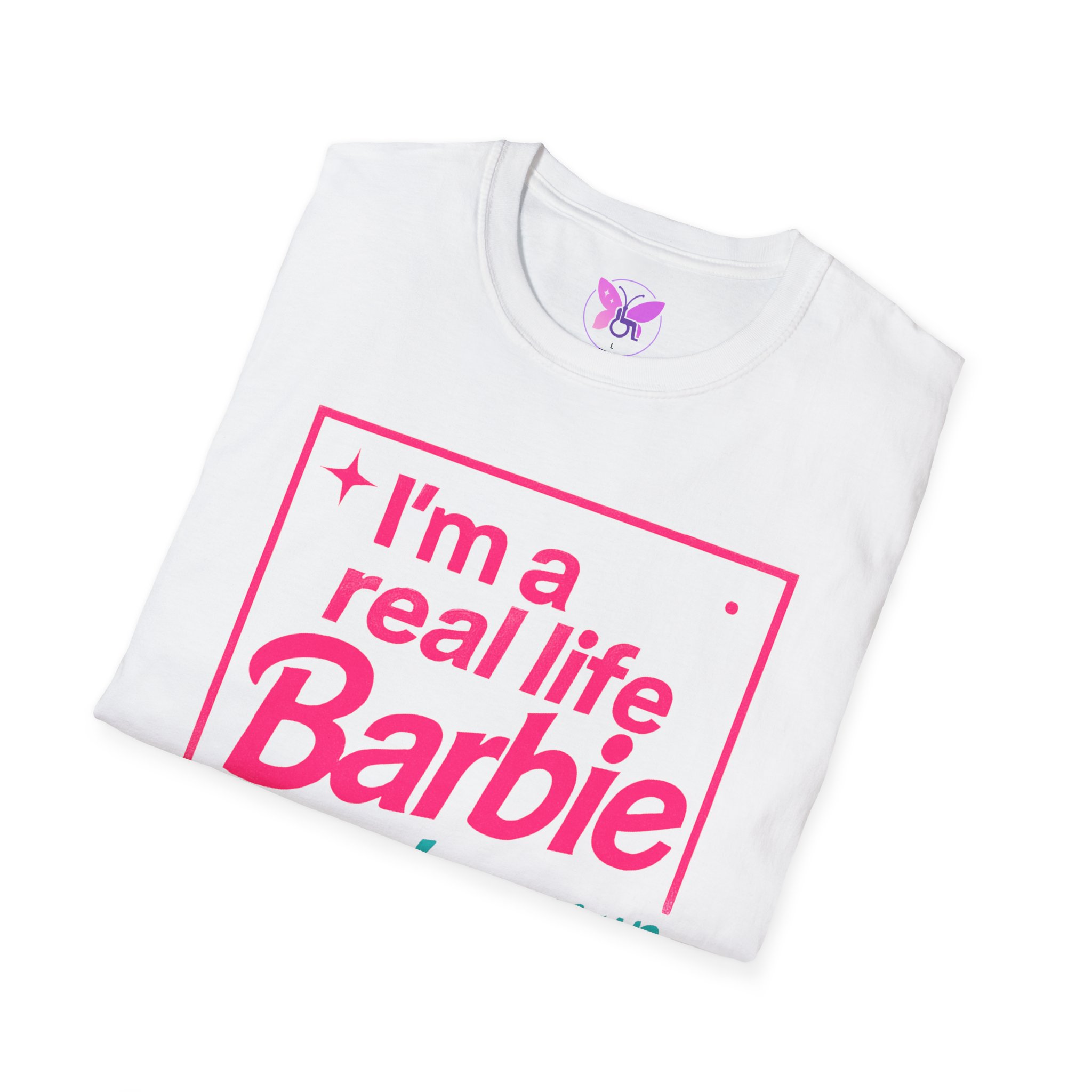 Real Life Barbie T-Shirt, Funny Pink and Teal Barbie Tee with Butterfly Logo, Women Casual Graphic Top - Image 4