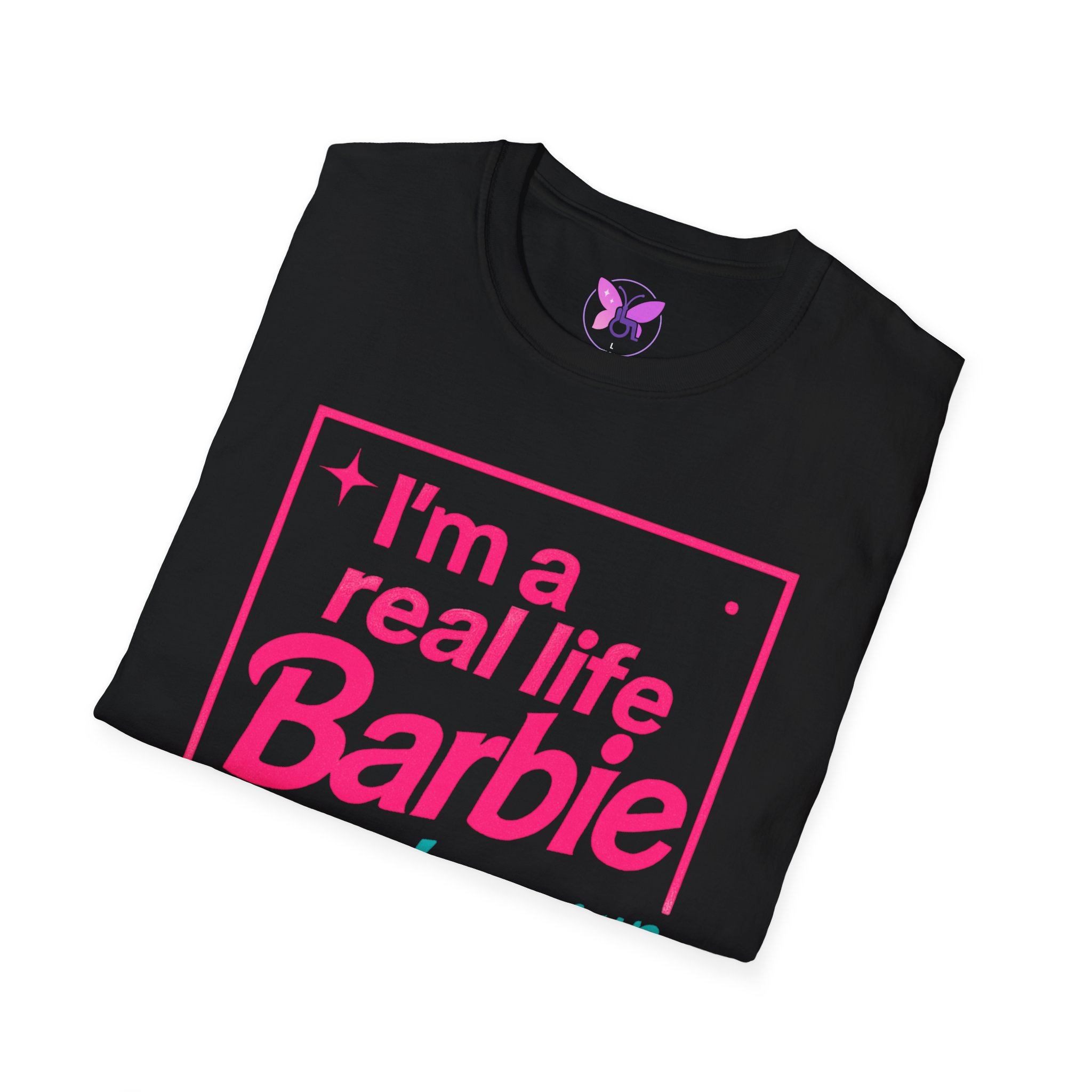 Real Life Barbie T-Shirt, Funny Pink and Teal Barbie Tee with Butterfly Logo, Women Casual Graphic Top - Image 8