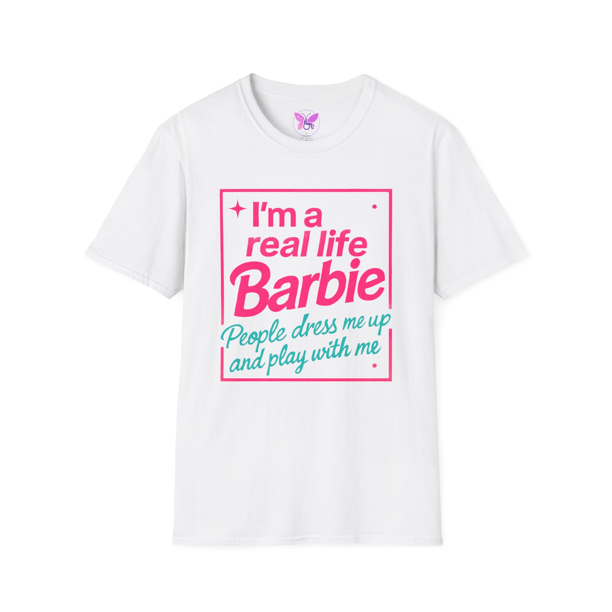 Real Life Barbie T-Shirt, Funny Pink and Teal Barbie Tee with Butterfly Logo, Women Casual Graphic Top