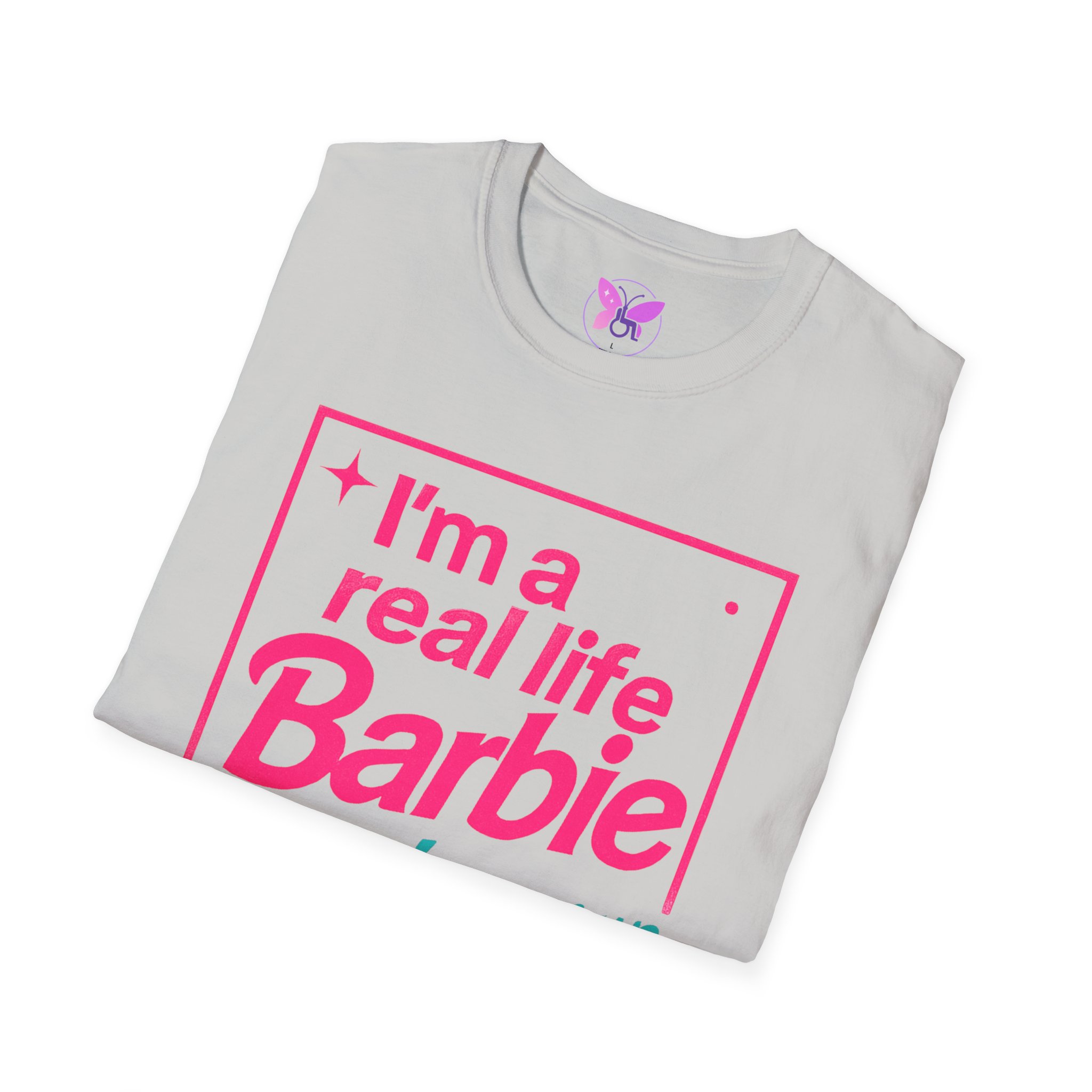 Real Life Barbie T-Shirt, Funny Pink and Teal Barbie Tee with Butterfly Logo, Women Casual Graphic Top - Image 12