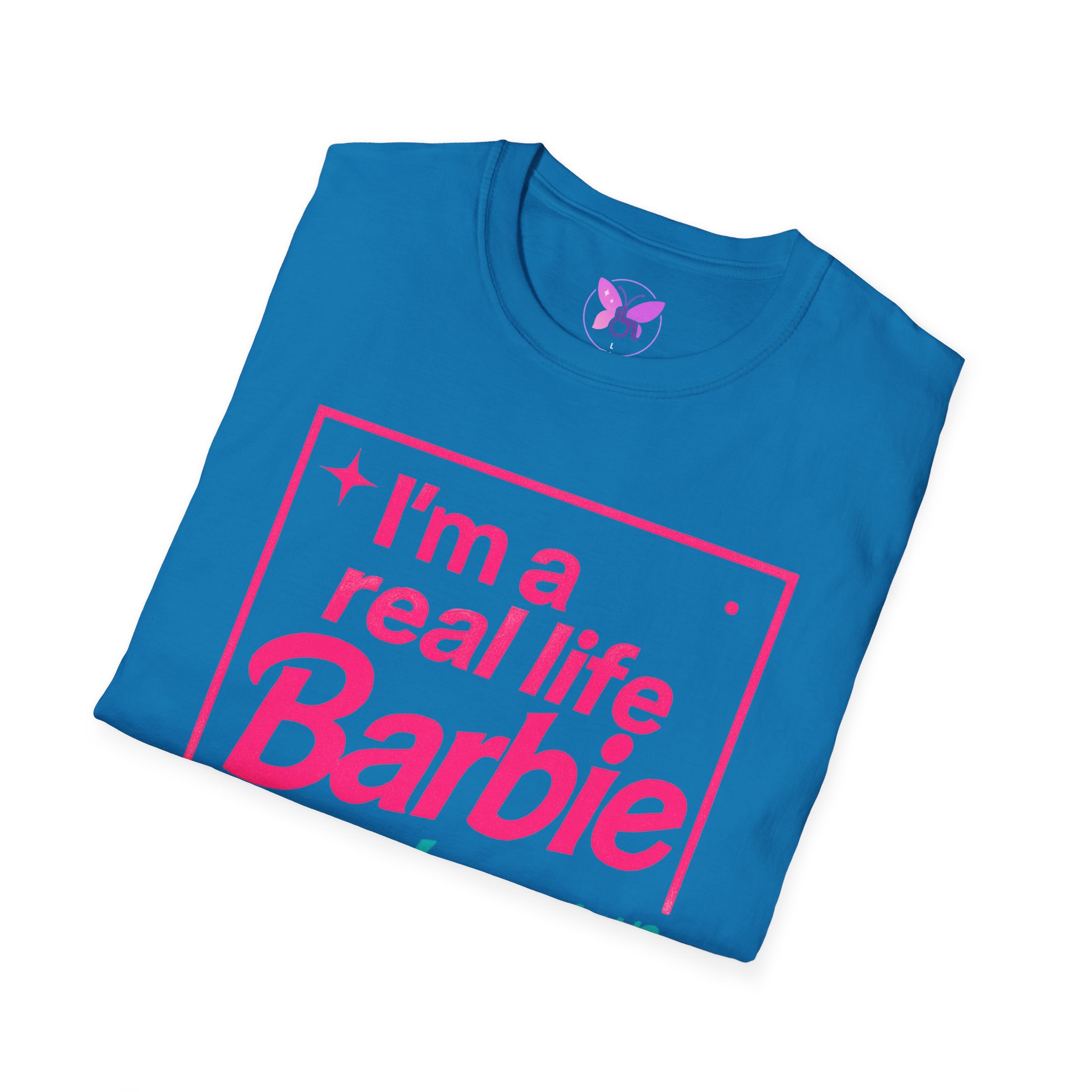 Real Life Barbie T-Shirt, Funny Pink and Teal Barbie Tee with Butterfly Logo, Women Casual Graphic Top - Image 16