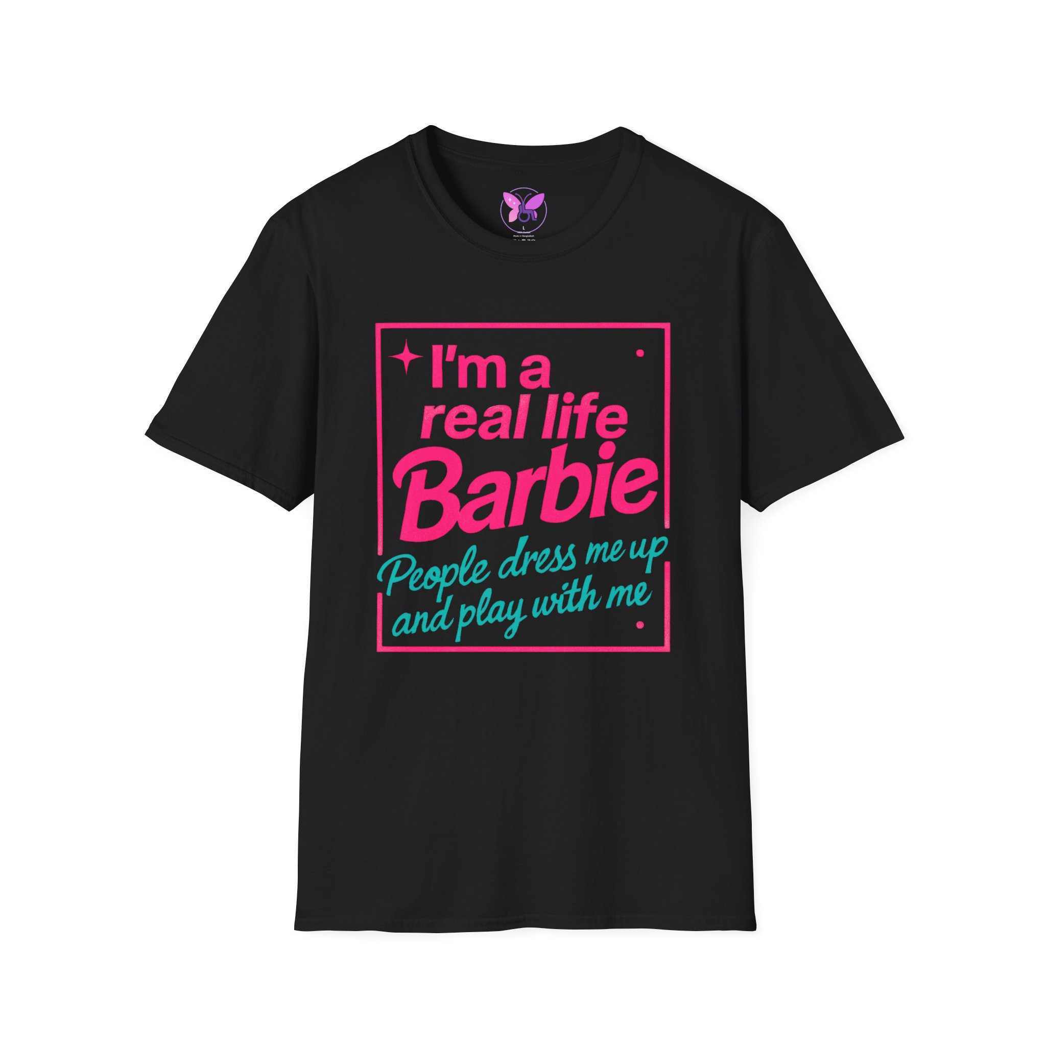 Real Life Barbie T-Shirt, Funny Pink and Teal Barbie Tee with Butterfly Logo, Women Casual Graphic Top - Image 5