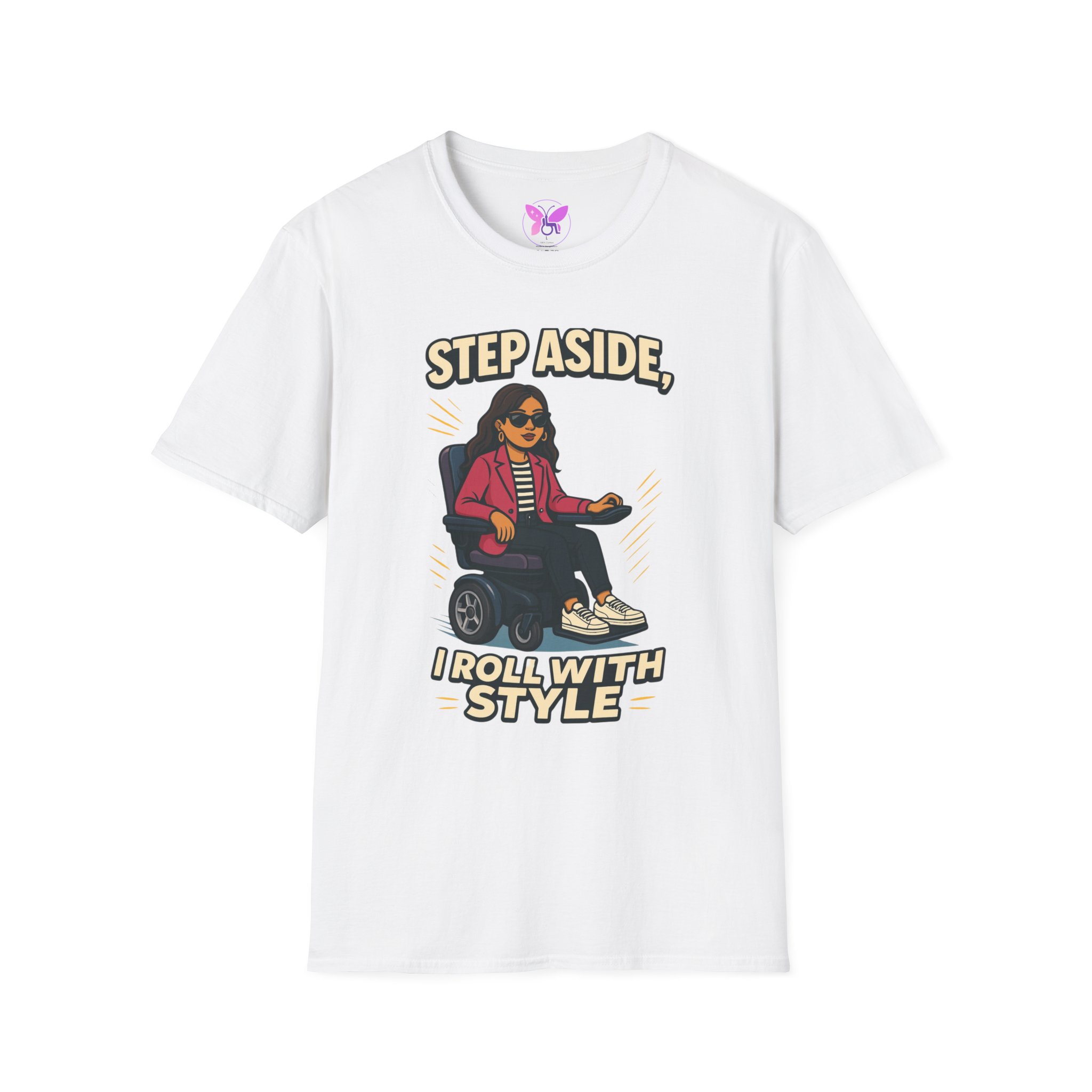 Personalized I Roll With Style Unisex Softstyle T-Shirt, Custom Disability Awareness Tee, Handicap Support Shirt, Inclusive Fashion Top,