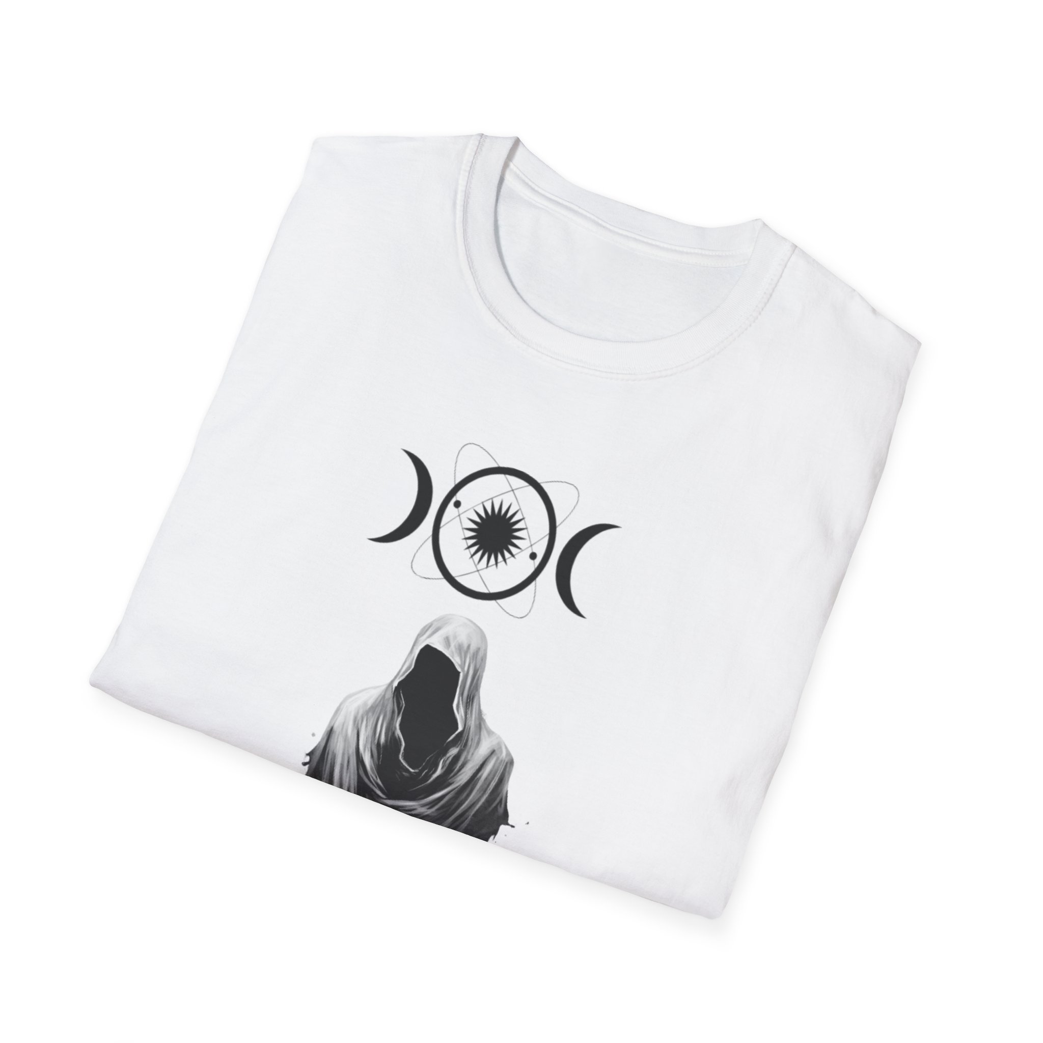 Cloaked Figure with Triple Moon T-Shirt | Gothic Moon Phases Tee - Image 4
