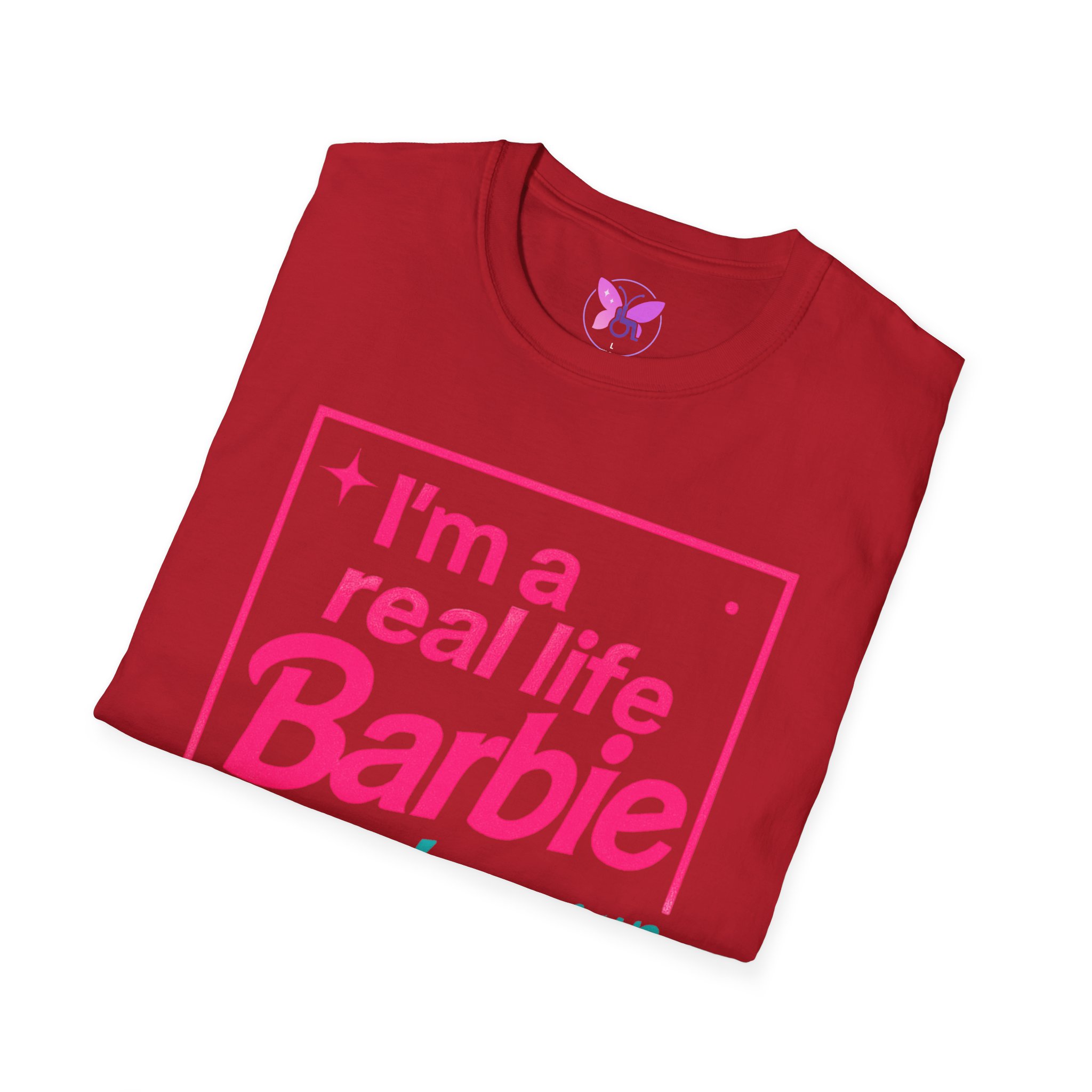 Real Life Barbie T-Shirt, Funny Pink and Teal Barbie Tee with Butterfly Logo, Women Casual Graphic Top - Image 24