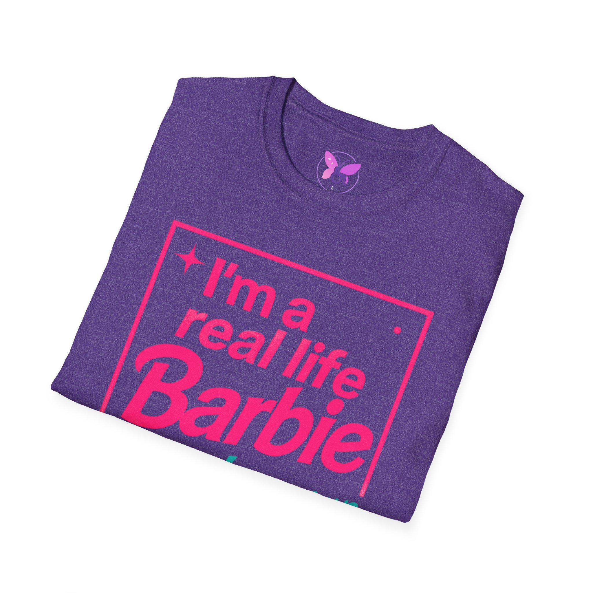 Real Life Barbie T-Shirt, Funny Pink and Teal Barbie Tee with Butterfly Logo, Women Casual Graphic Top - Image 20
