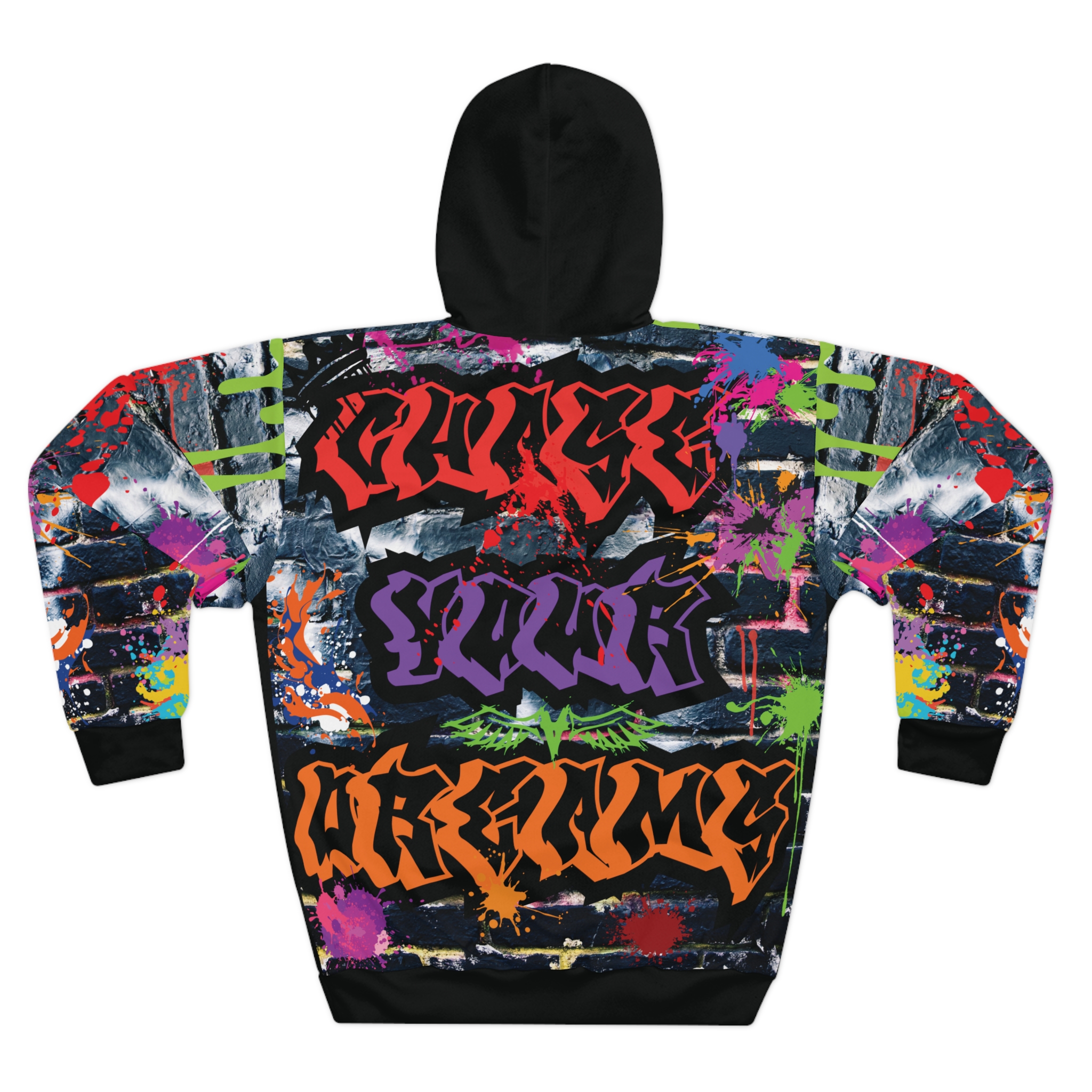 Chase Your Dreams Graffiti Hoodie Unisex Streetwear Hoodie Colorful Paint Splatter Motivational Gift, Brick Wall Hoodie, Gift For Artist
